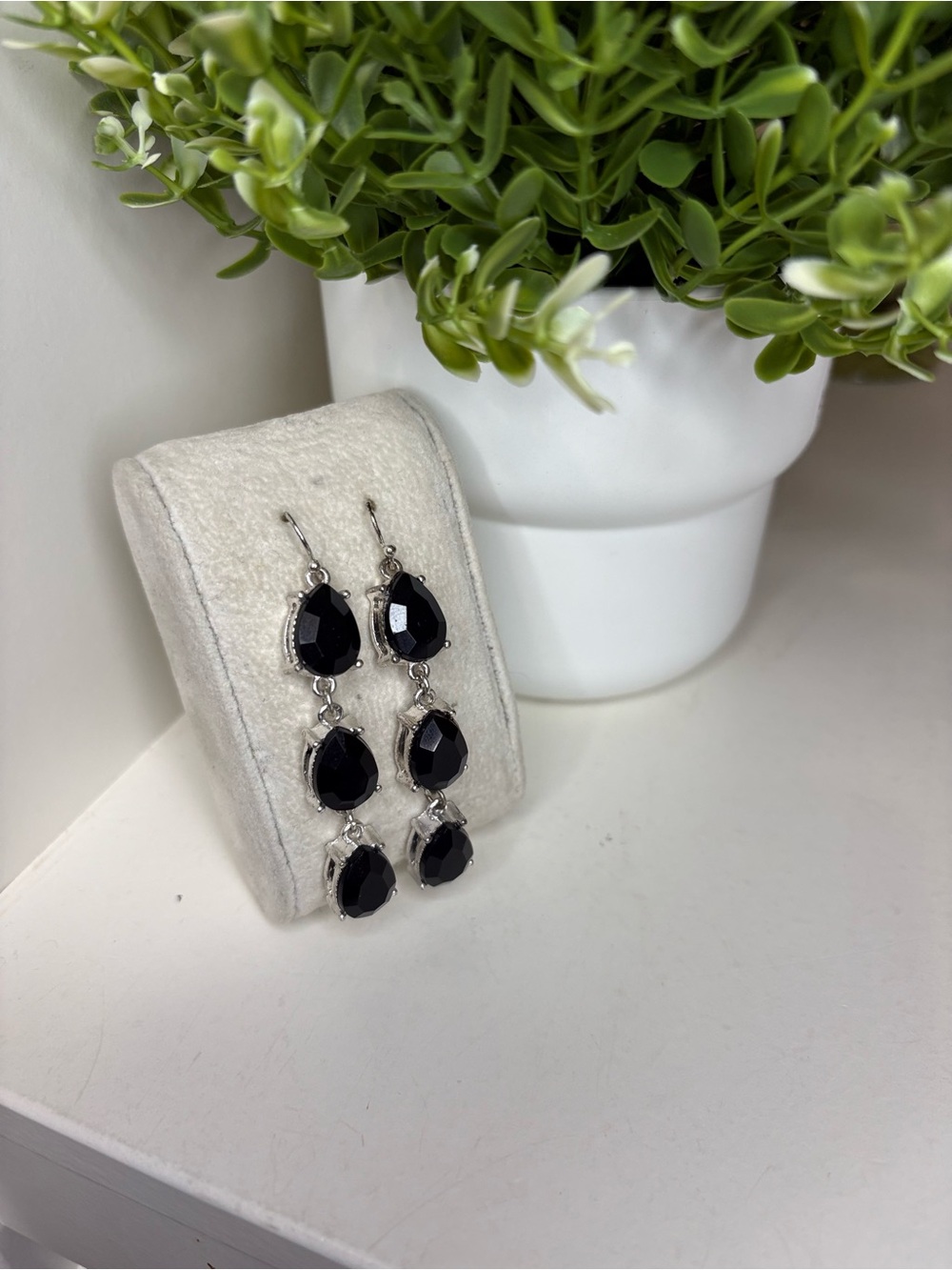 Black Teardrop Statement Dangle Earrings Silver Tone Vintage Style